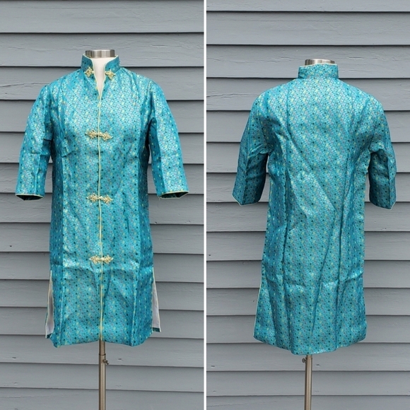 Vintage 70s Cheongsam Qipao Blue Rainbow Floral Flower Embroidered Coat Robe S/M - Picture 1 of 5